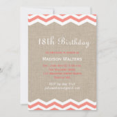 Koraal Chevrons op Burlap Birthday Invitation Kaart (Voorkant)