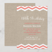 Koraal Chevrons op Burlap Birthday Invitation Kaart (Voorkant / Achterkant)