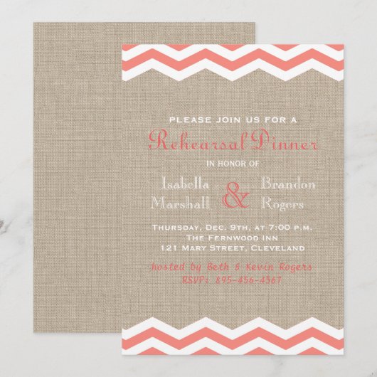 Koraal Chevrons op Burlap Rehearsal Dinner Invite Kaart (Voorkant / Achterkant)