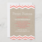 Koraal Chevrons voor Burlap Sweet Sixteen-uitnodig Kaart (Voorkant)