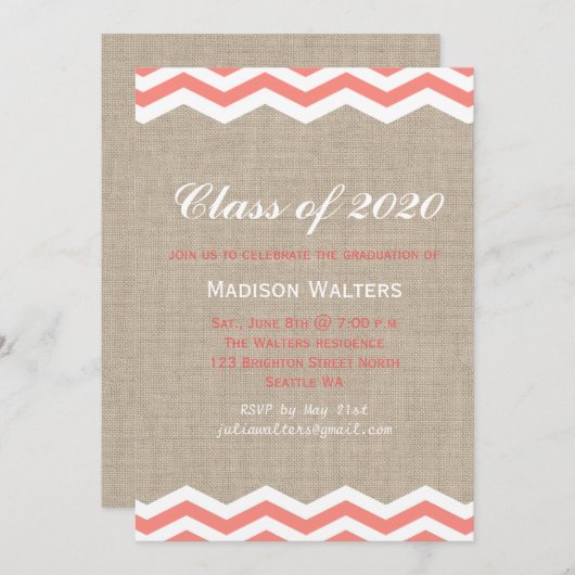 Koraal Chevrons voor het Afstuderen Burlap Kaart (Voorkant / Achterkant)