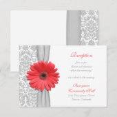 Koraal Daisy Grijs Damast Trouwreceptiekaart Informatiekaartje (Voorkant / Achterkant)