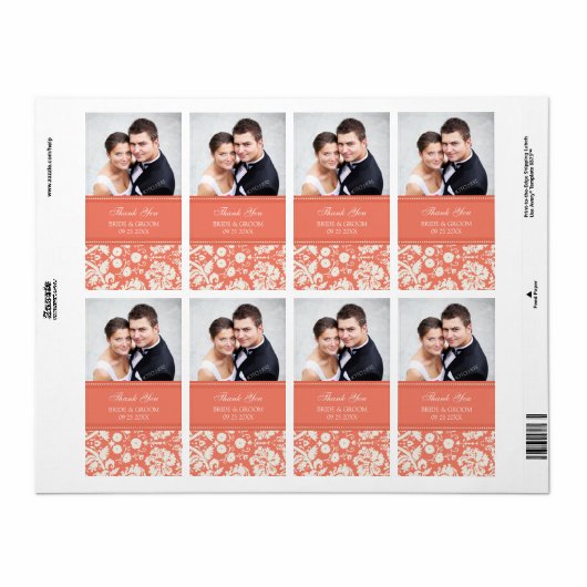 Koraal Damask Foto Bruiloft Labels (Full Sheet)