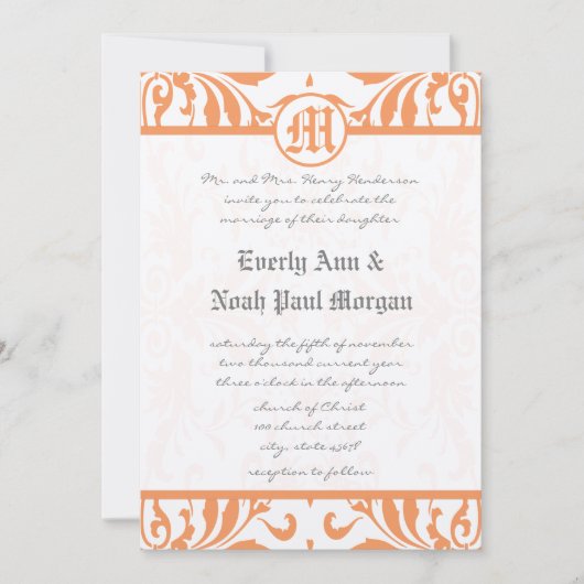  koraal Damask Gray Font Wedding Invitation Kaart (Voorkant)