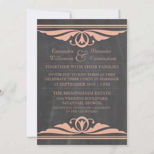 Koraal Deco Chalkboard Wedding Invite Kaart (Voorkant)