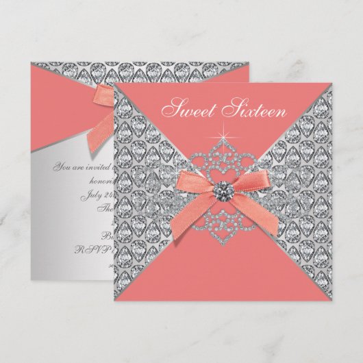 Koraal Diamonds Koraal Sweet 16 Verjaardagsfeest Kaart (Voorkant / Achterkant)