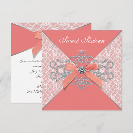 Koraal Diamonds Koraal Sweet 16 Verjaardagsfeest Kaart (Voorkant / Achterkant)