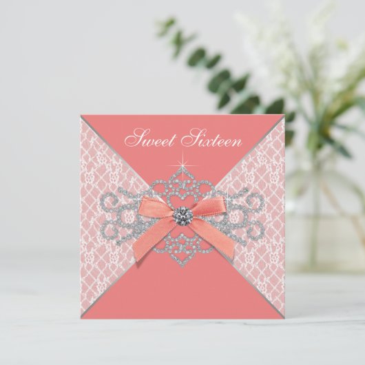 Koraal Diamonds Koraal Sweet 16 Verjaardagsfeest Kaart (Staand voorkant)