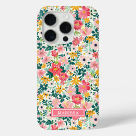 Koraal Ditsy Bloemen Monogram iPhone 15 Pro Case