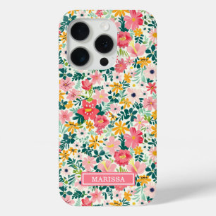 Koraal Ditsy Bloemen Monogram iPhone 15 Pro Case
