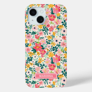 Koraal Ditsy Bloemen Monogram iPhone 15 Case