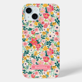 Koraal Ditsy Bloemen Monogram iPhone 15 Mini Hoesje