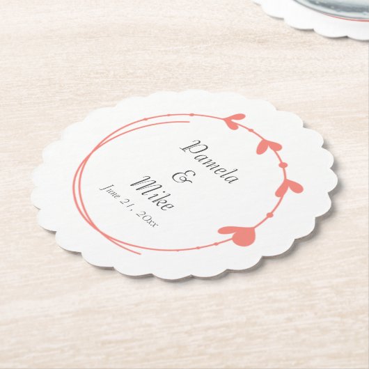 Koraal Eenvoudige Hart Krans Bruiloft Kartonnen Onderzetters (Gekanteld)