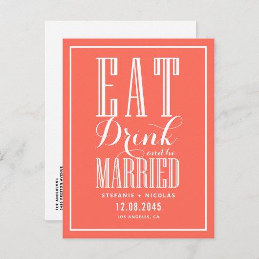 Koraal eet, Drink en getrouwd zijn Save the Date Aankondigingskaart (Voorkant / Achterkant)