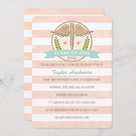 Koraal en Aqua Caduceus Nursing School Afstuderen Kaart (Voorkant / Achterkant)