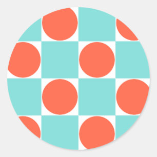 Koraal en Aqua Cirkel Schachbrettigueur Ronde Sticker