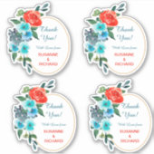 Koraal en Aqua Floral Weddenschap Bedankt Contour Sticker (Voorkant)