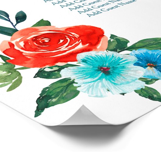 Koraal en Aqua Floral Wedding Dinner Sechart Poster (Hoek)