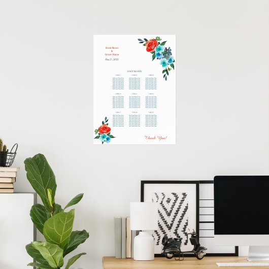 Koraal en Aqua Floral Wedding Dinner Sechart Poster (Thuiskantoor)