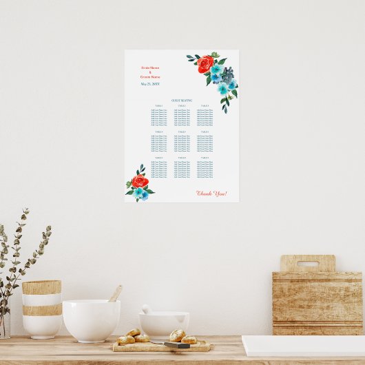 Koraal en Aqua Floral Wedding Dinner Sechart Poster (Keuken)