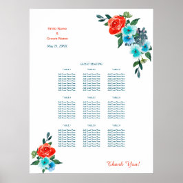 Koraal en Aqua Floral Wedding Dinner Sechart Poster