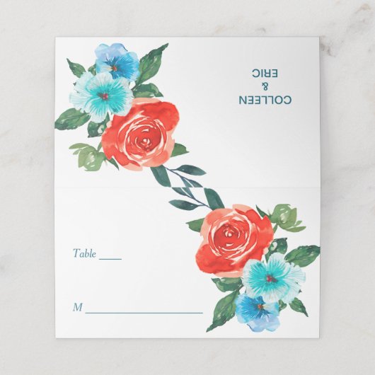 Koraal en Aqua Floral Wedding Plaatskaartje (Buitenkant ongevouwen)