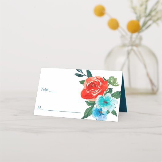 Koraal en Aqua Floral Wedding Plaatskaartje (Voorkant)