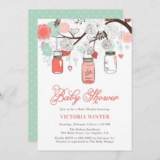 Koraal en Aqua Hanging Mason Jars Baby shower Kaart (Voorkant / Achterkant)