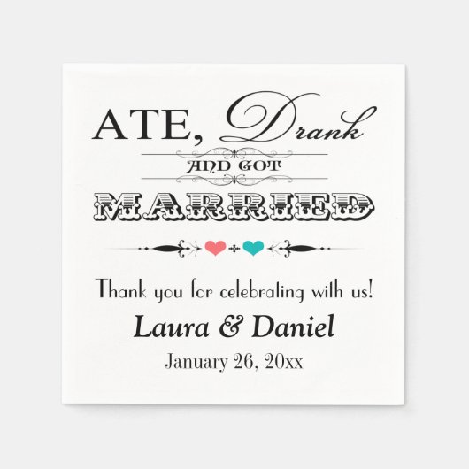 Koraal en Aqua Hearts, Scrolls Wedding Napkins Servet (Voorkant)