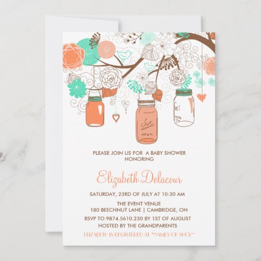 Koraal en Aqua Mason Jars Baby shower Uitnodiging (Achterkant)