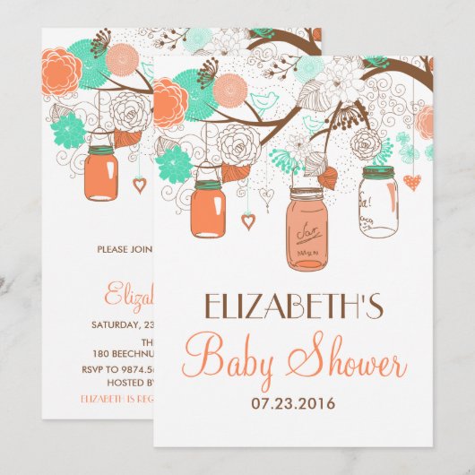 Koraal en Aqua Mason Jars Baby shower Uitnodiging (Voorkant / Achterkant)