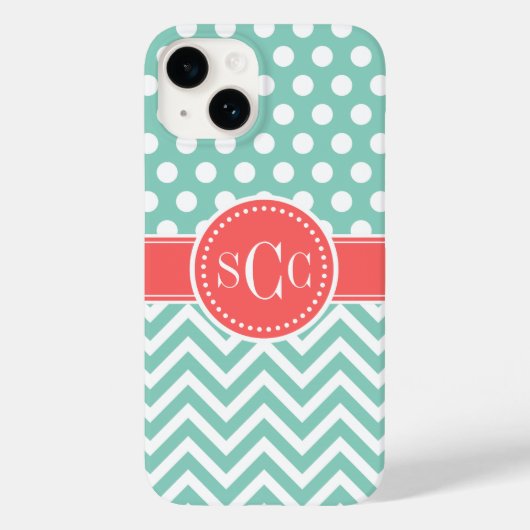 Koraal en Aqua Polka Dot Chevron Monogram Case-Mate iPhone Case (Achterkant)