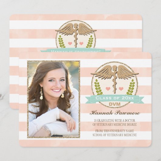 Koraal en Aqua Vet School Graduation Aankondiginge Kaart (Voorkant / Achterkant)
