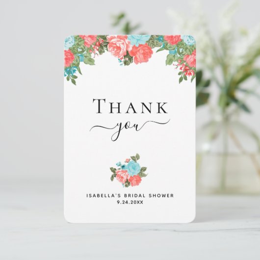 Koraal en Blauw Blauwgroen Floral Hartelijk dank Bedankkaart (Staand voorkant)