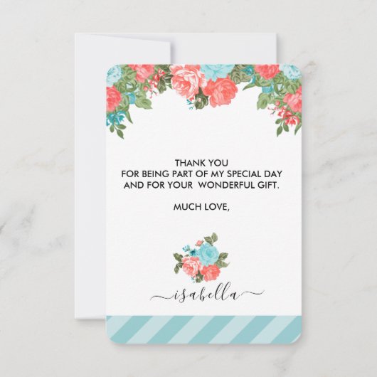 Koraal en Blauw Blauwgroen Floral Hartelijk dank Bedankkaart (Achterkant)
