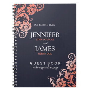 koraal en blauw bruiloft gastenboek notitieboek