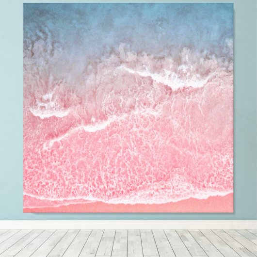 Koraal en blauw strand canvas afdruk (Insitu (Houten vloer))