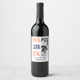 Koraal en blauw twee foto Save the Date Wijn Etiket