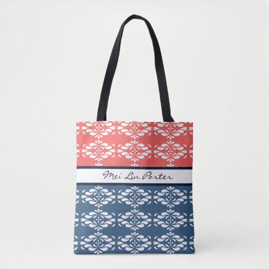 Koraal en Blauwe Floral Tote Bag (Voorkant)