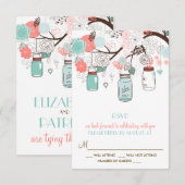 Koraal en Blauwe Mason Jars Bloemen RSVP Kaart (Voorkant / Achterkant)