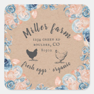 koraal en blauwe pioenen boerderij ei karton vierkante sticker