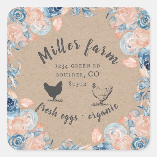 koraal en blauwe pioenen boerderij ei karton vierkante sticker (Voorkant)
