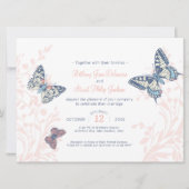 Koraal en blauwe vlinders inkten kunst bruiloft kaart (Voorkant)