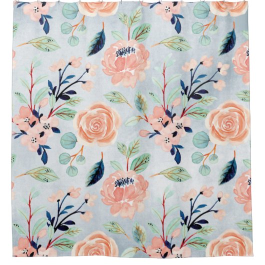 Koraal en Blauwe Wildbloemen Douchegordijn (Voorkant)