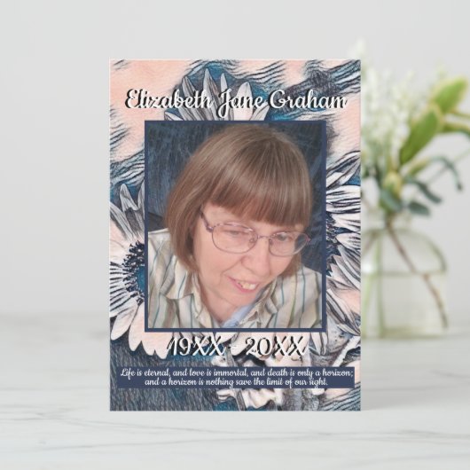 Koraal en Blauwe Zonnebloem Kunst | Foto | Begrafe Programmakaart (Staand voorkant)