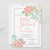 Koraal en Blauwgroen Bloemen Baby shower Uitnodigi Kaart (Voorkant)