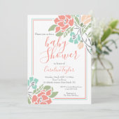 Koraal en Blauwgroen Bloemen Baby shower Uitnodigi Kaart (Staand voorkant)