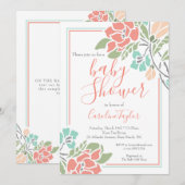 Koraal en Blauwgroen Bloemen Baby shower Uitnodigi Kaart (Voorkant / Achterkant)