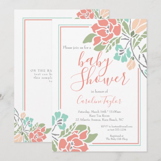 Koraal en Blauwgroen Bloemen Baby shower Uitnodigi Kaart (Voorkant / Achterkant)