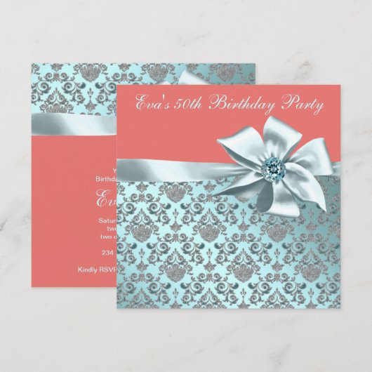 Koraal en Blauwgroen Blue Damask 50ste verjaardags Kaart (Voorkant / Achterkant)